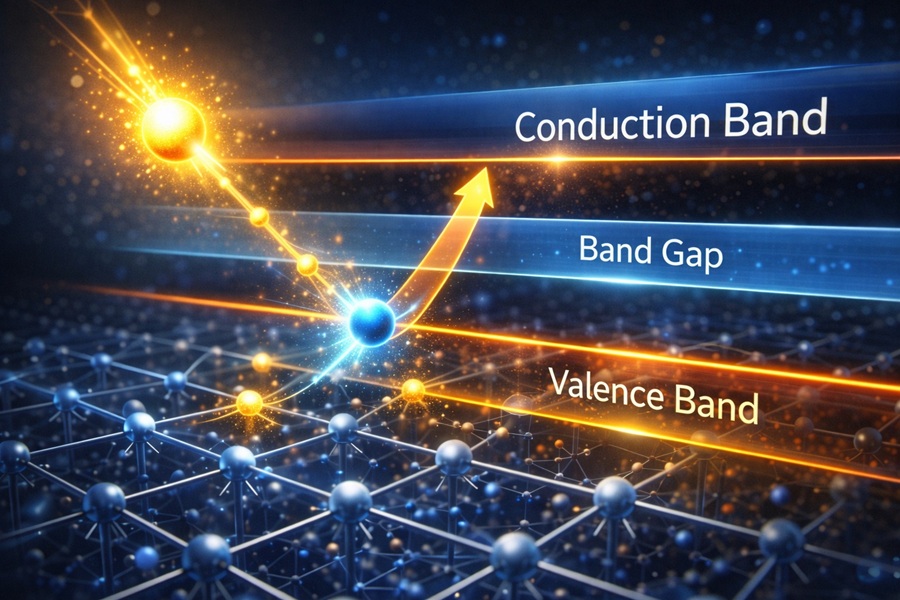 Electron absorbing photon energy and moving from valence band to conduction band in a silicon solar cell